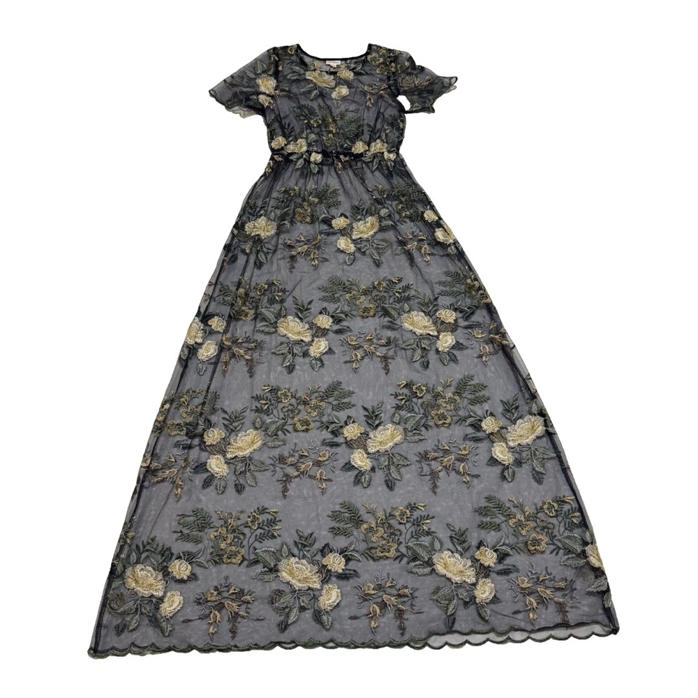 Lularoe Deanne 2 Sheer Overlay Maxi Dress Blue Embroidered Flowers Size Small
